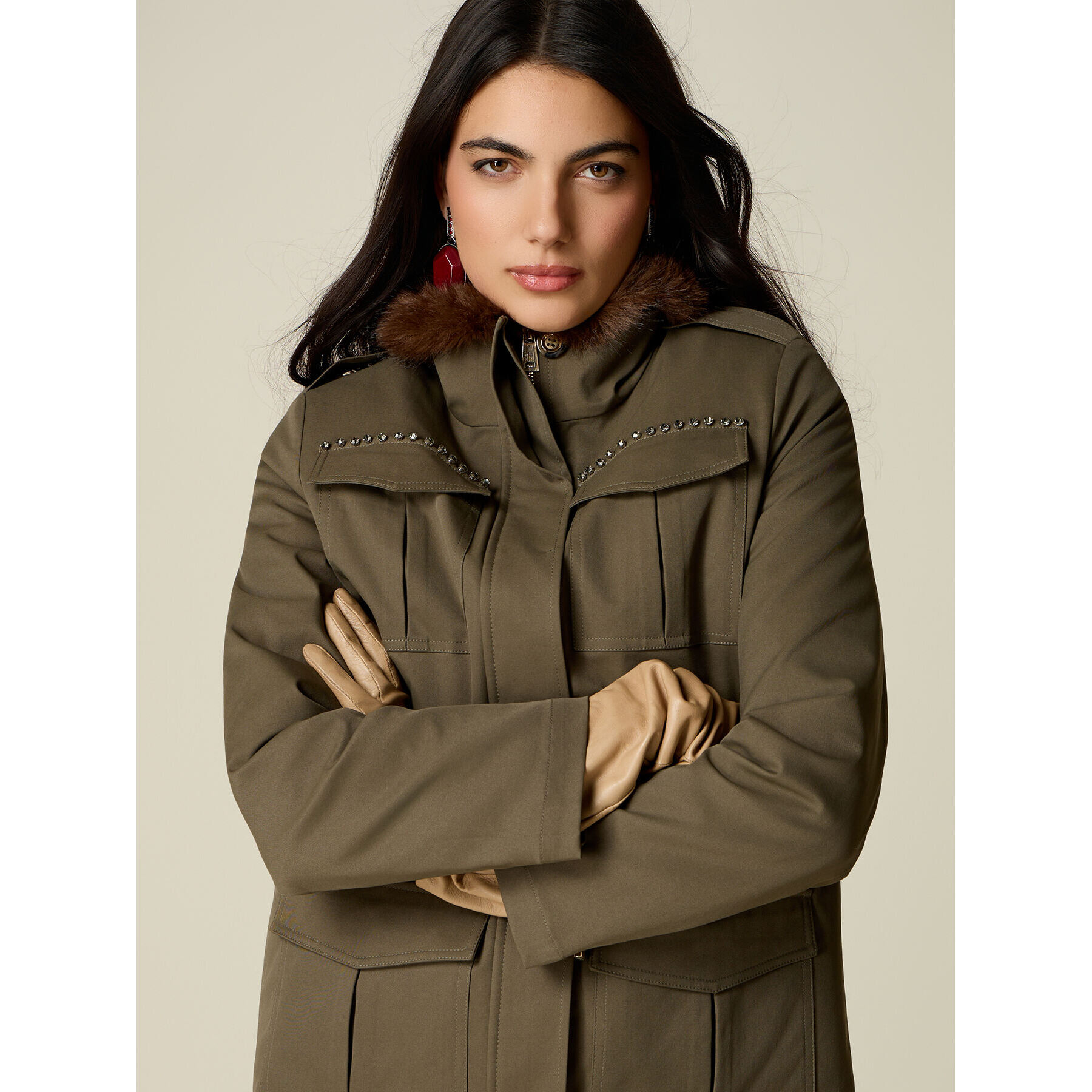 Oltre - Parka in drill misto cotone con borchie - Verde militare