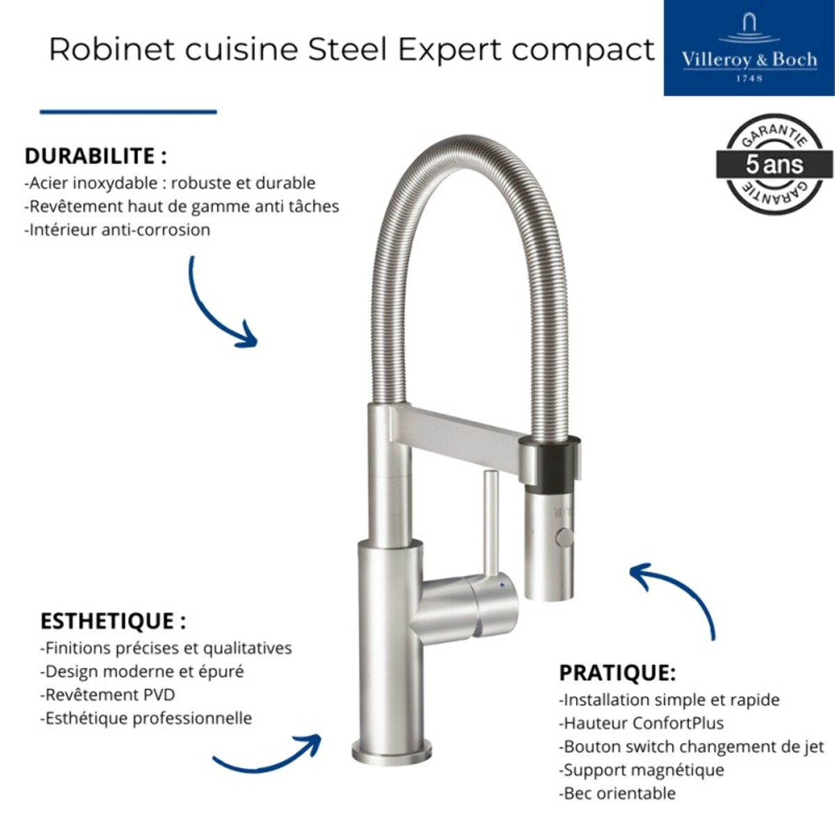 Robinet cuisine VILLEROY ET BOCH Steel expert compact
