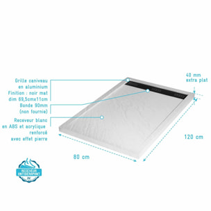 Receveur en Acrylique MOON Blanc Effet Pierre 80x120x4 cm Grille Lineaire Noire