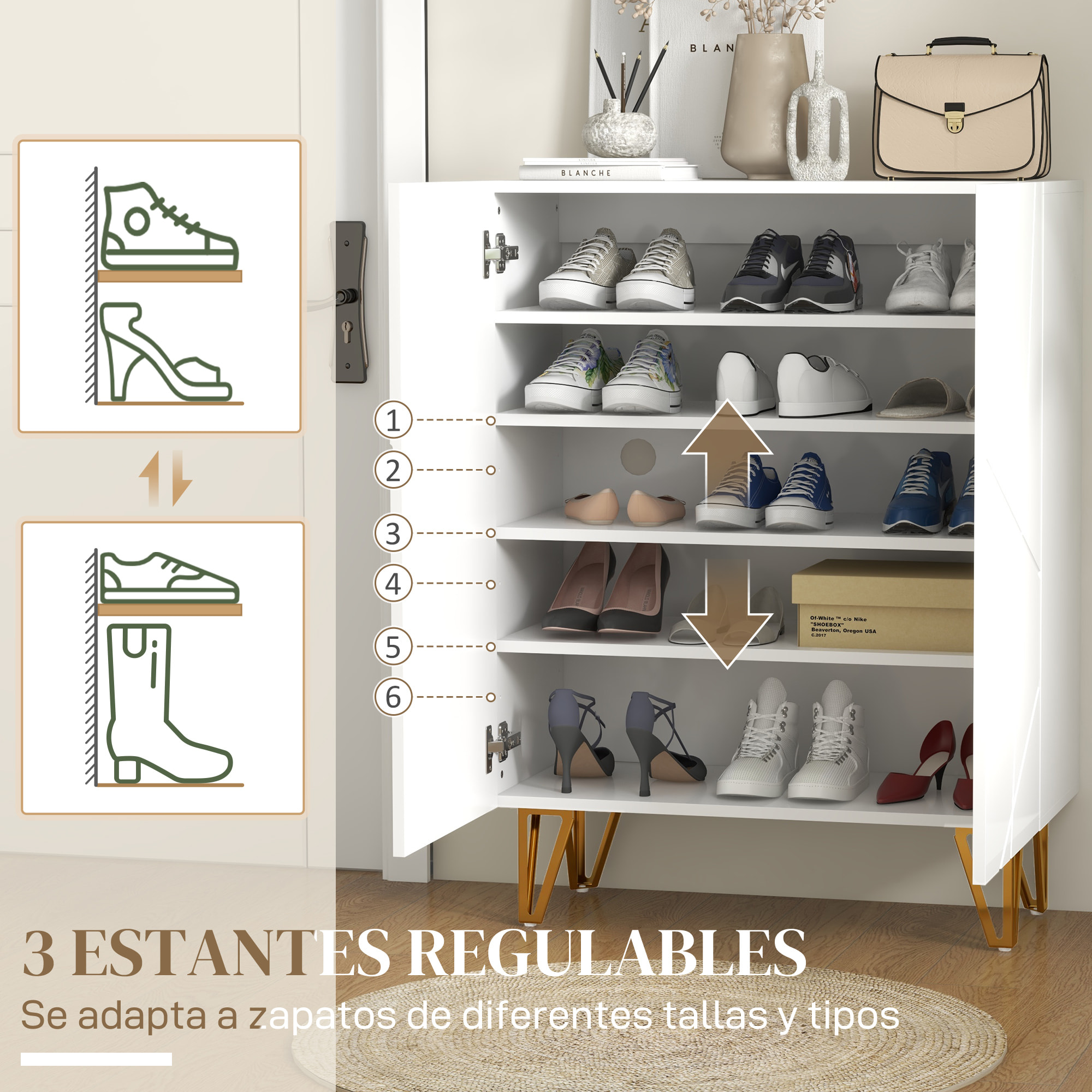 Mueble Zapatero de Recibidor Armario Zapatero con Estantes Ajustables Bisagras de Cierre Suave para 15-20 Pares de Zapatos para Pasillo Entrada 72x31,5x95 cm Blanco