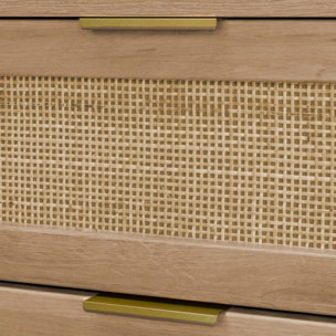 Commode chiffonnier effet bois et cannage 4 tiroirs naturel. poignée en métal doré - L 48 x P 39.5 x H 96 cm - Eva