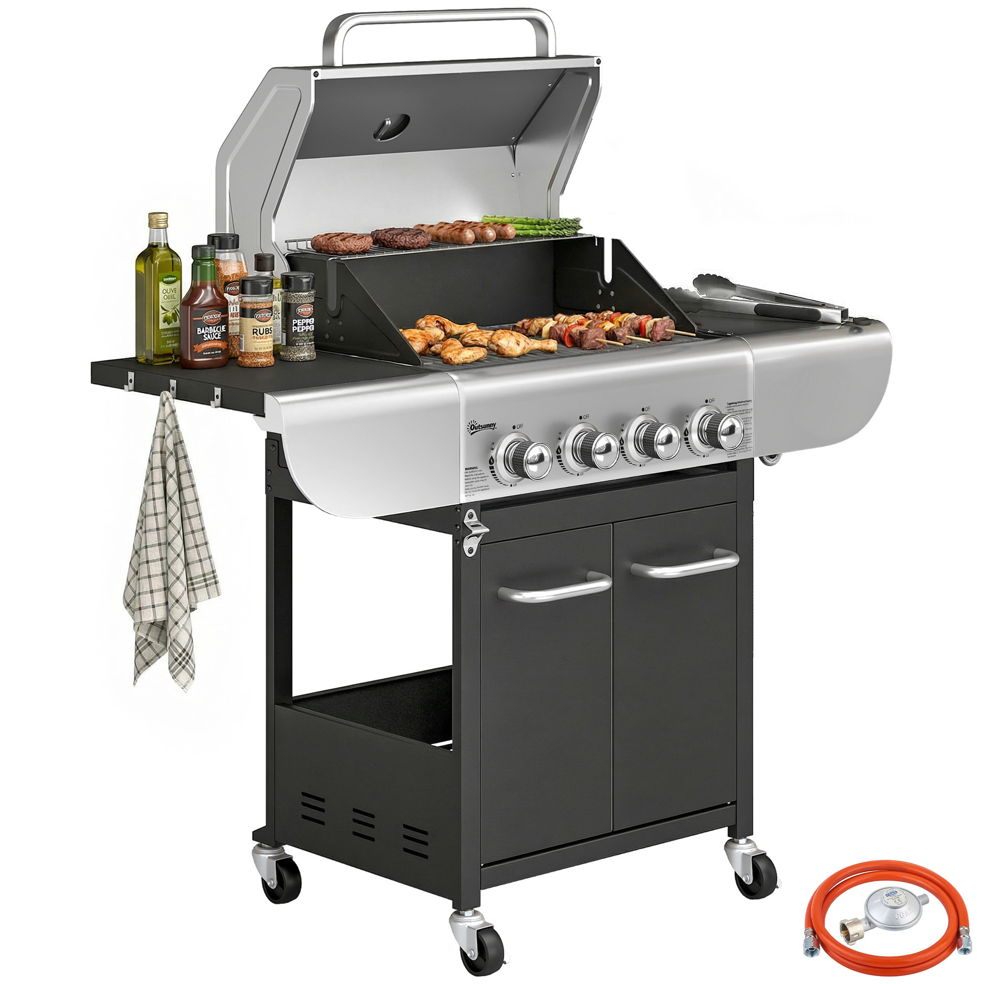 Barbacoa de Gas BBQ Gas con 4 Quemadores 12,8 kW Barbacoa Portátil con Termómetro Mesas Laterales Armario Rejilla Calentadora Acero Parrillas de Hierro Fundido Recogedor Grasa 4 Ruedas Negro