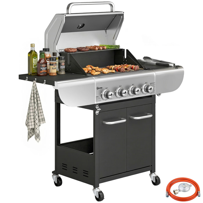 Barbacoa de Gas BBQ Gas con 4 Quemadores 12,8 kW Barbacoa Portátil con Termómetro Mesas Laterales Armario Rejilla Calentadora Acero Parrillas de Hierro Fundido Recogedor Grasa 4 Ruedas Negro
