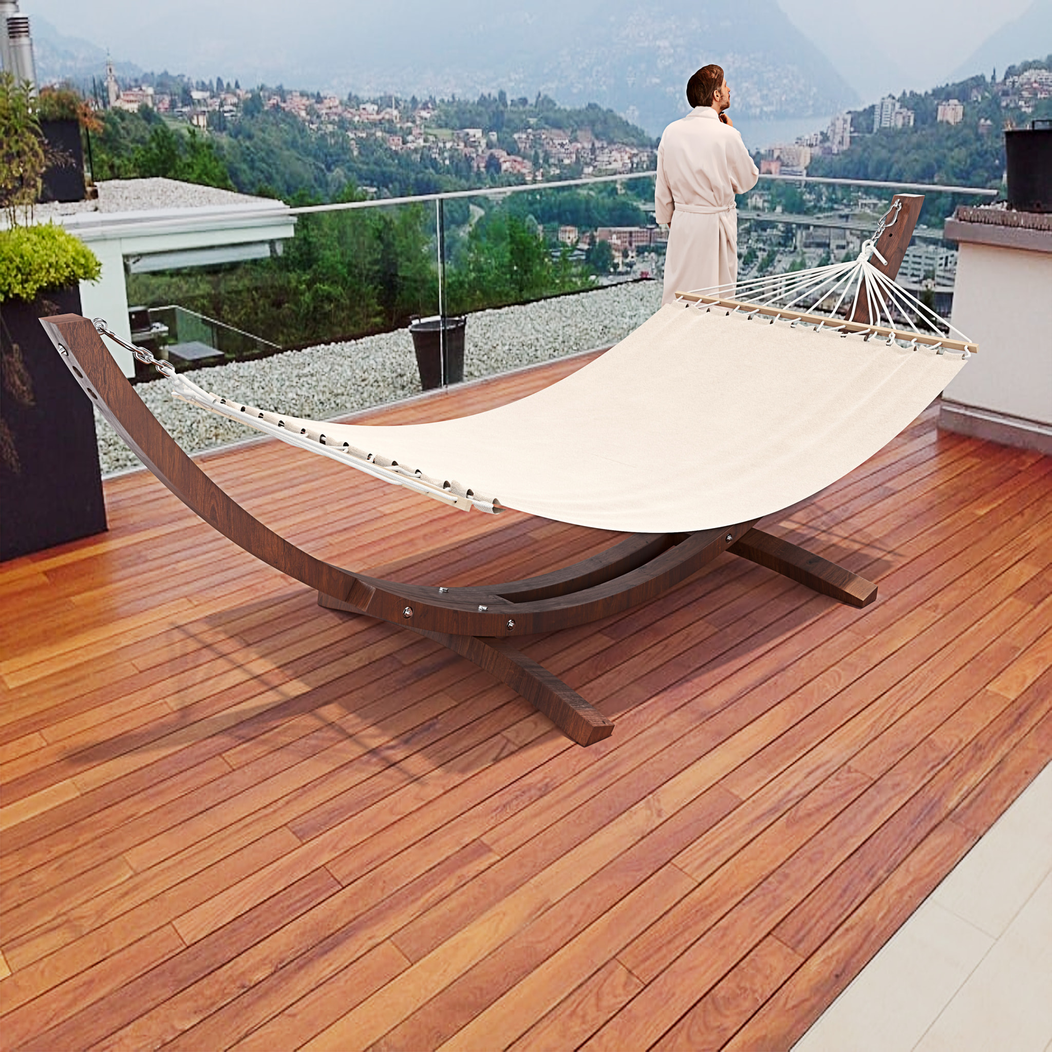 Amaca Da Giardino Supporto Legno Robusto Telo Cotone Resistente Portata Max 150 Kg Esterno Terrazzo Balcone Piscina Design 320 x 100 x 100 Cm Beige