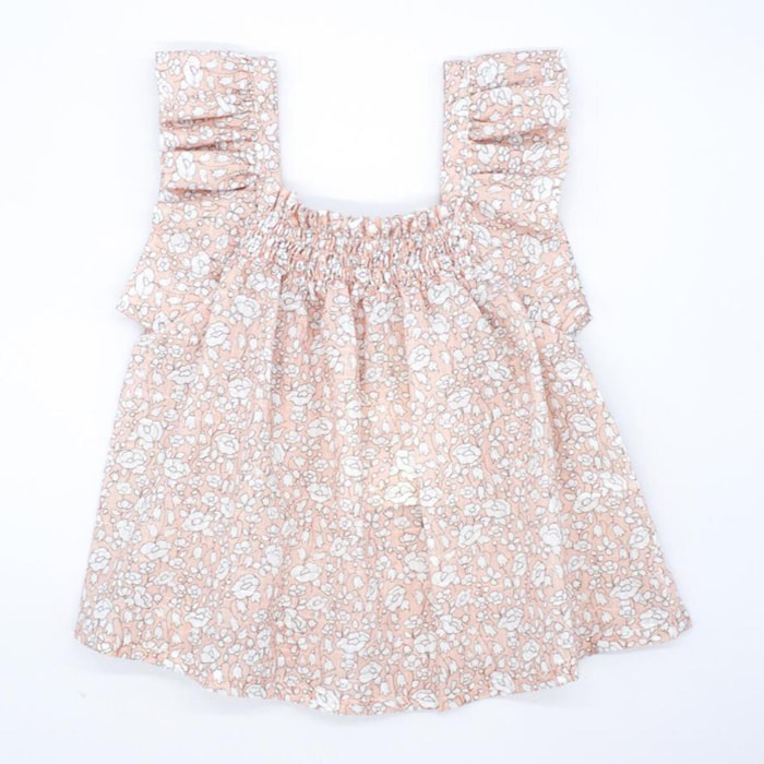 Blusa estampada de flor albaricoque. Fruncida en la parte superior, con volantes en las sisas.