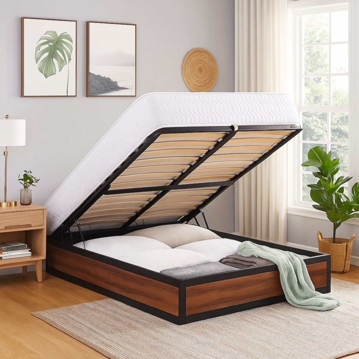 Ensemble lit coffre & matelas | Mémoire de forme, gel frais et mousse HD| Espace de Stockage jusqu'à 900 L | Robuste et Large Angle d’Ouverture | Bois et métal | Bois foncé