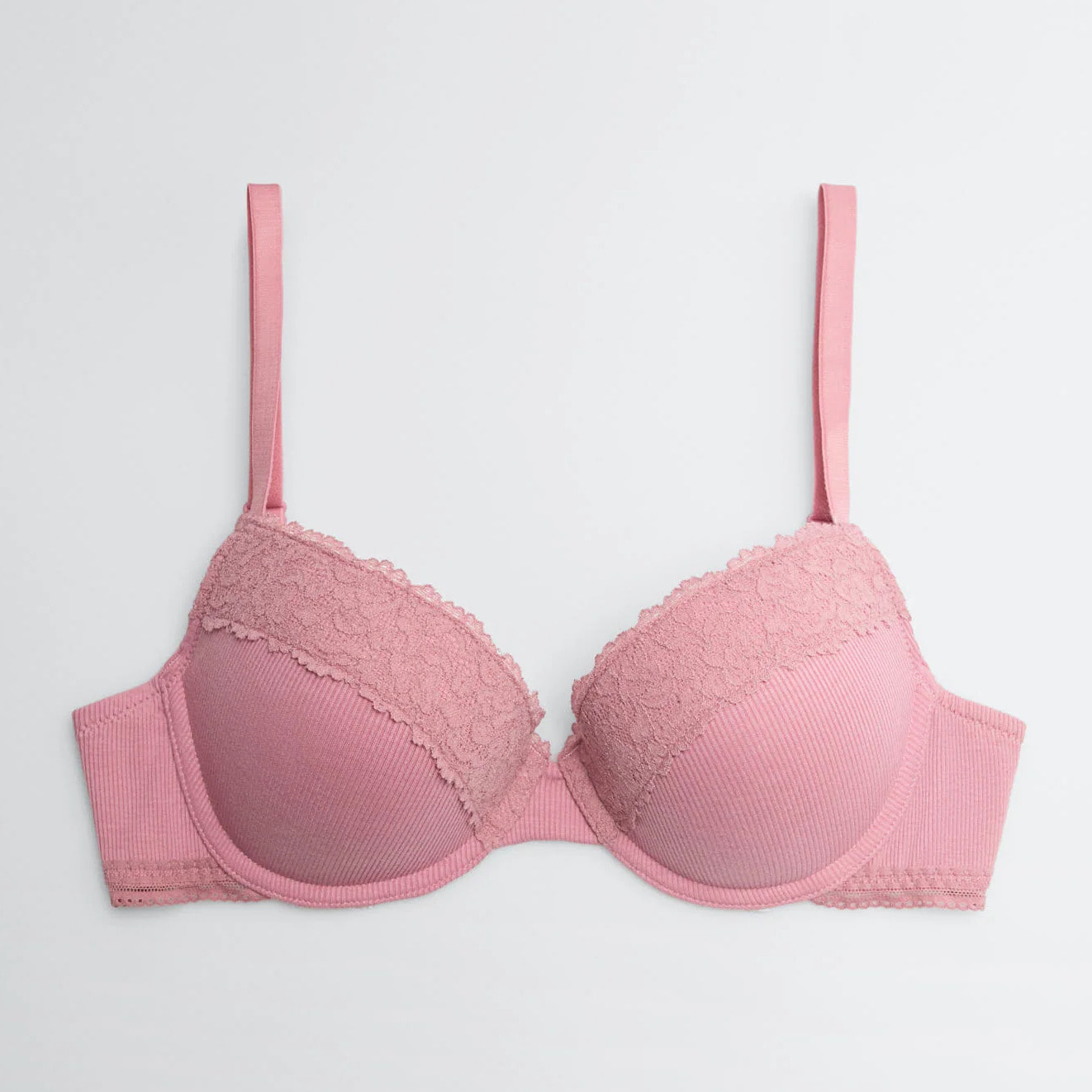 Reggiseno push-up a coste in pizzo rosa, coppa B
