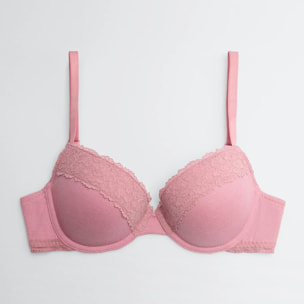 Reggiseno push-up a coste in pizzo rosa, coppa B