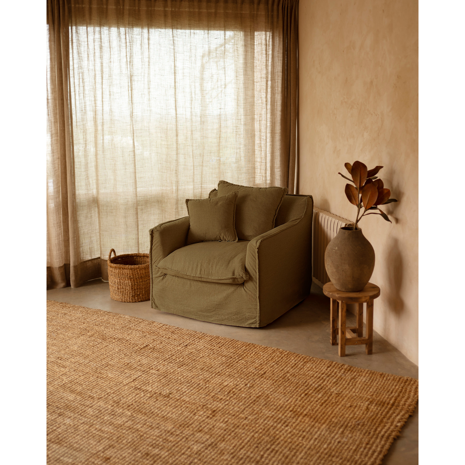Fauteuil en coton et lin déhoussable ton vert de 98x90cm Hauteur: 81 Longueur: 98 Largeur: 90