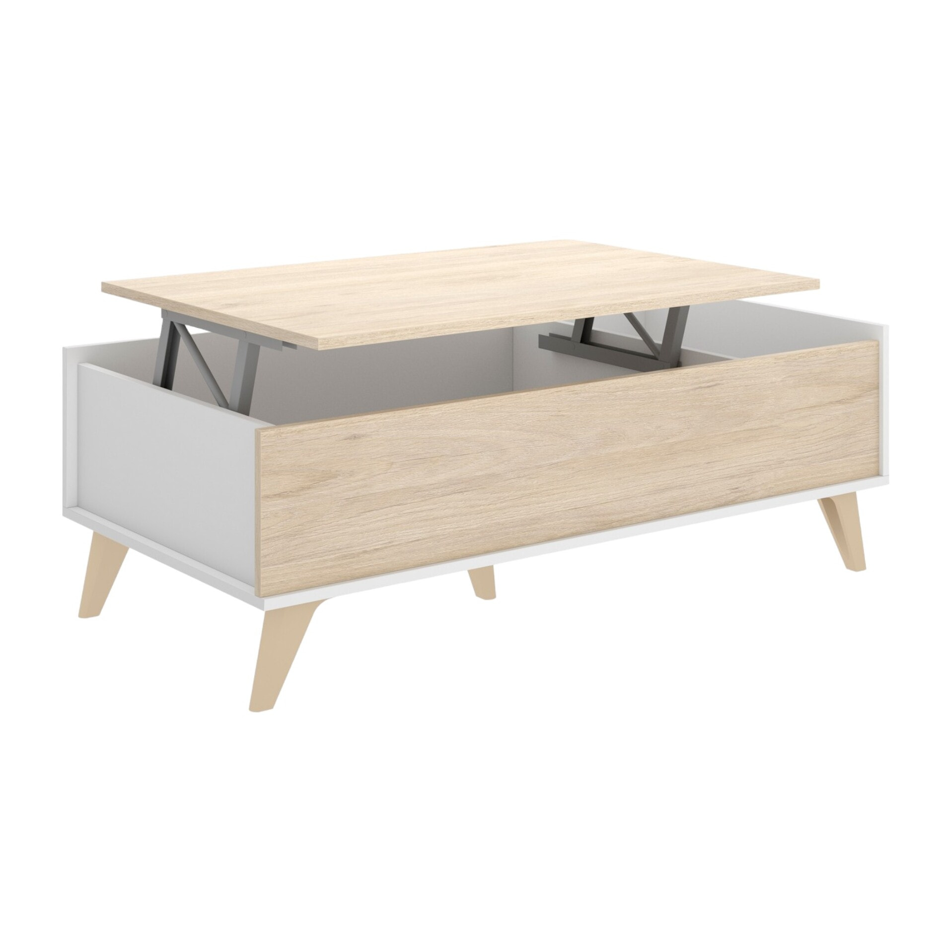 Tavolino da salotto Alexius, Porta riviste da soggiorno con vano portaoggetti, Tavolo basso da caffè elevabile, 99x60h41 cm, Rovere e Bianco
