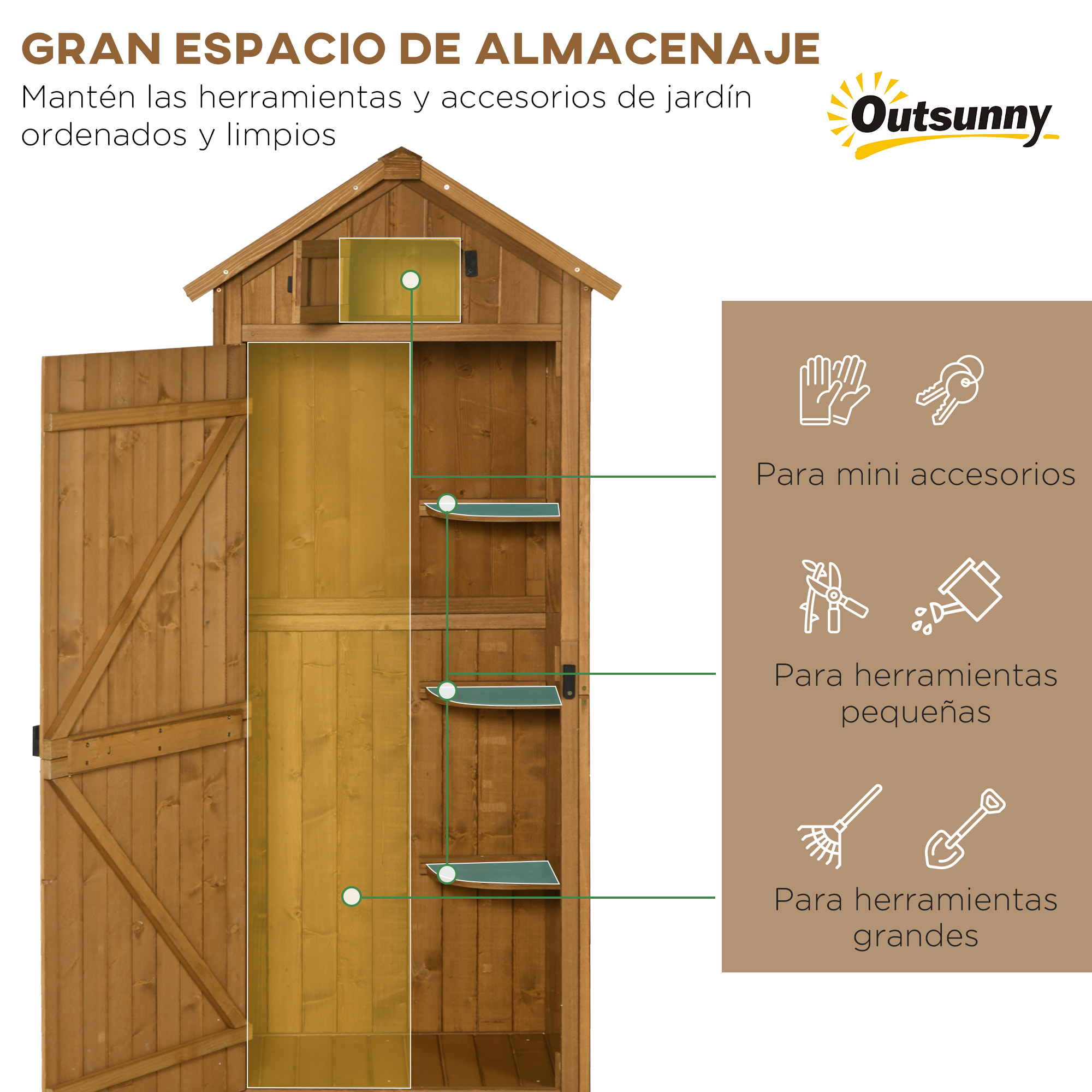 Armario de Jardín de Madera 77x54,2x179 cm 0,3 m² Cobertizo para Almacenaje de Herramientas con 3 Estantes y 2 Puertas con Cerrojo para Patio Terraza Natural y Verde