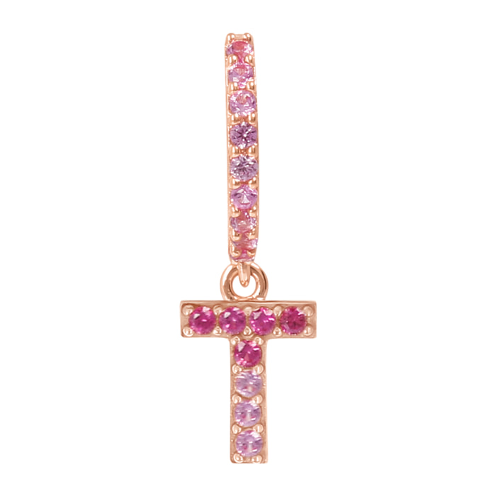Orecchino Pendente con Lettera T in Pavé di Cubic Zirconia Rosa