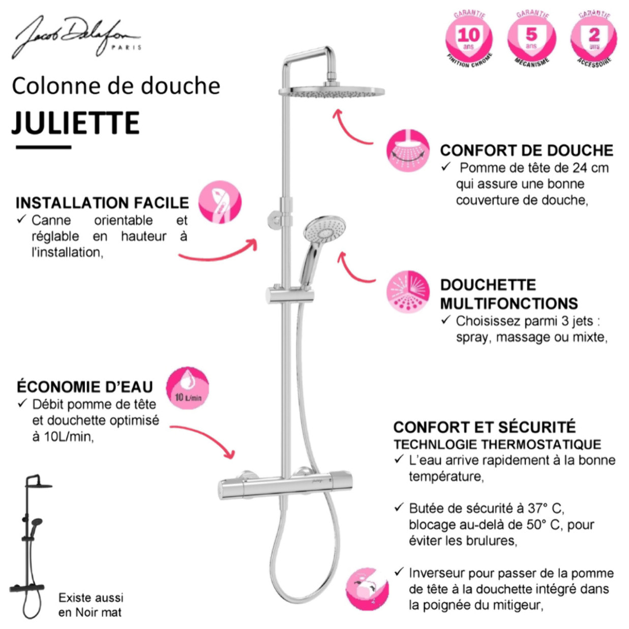 Colonne de douche thermostatique Juliette noir mat + tablette de douche