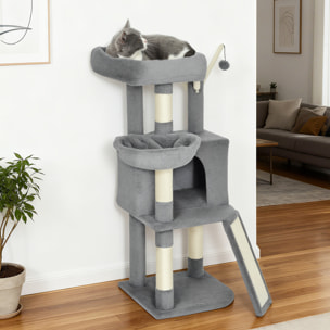 Arbre à chat multi-équipé niche hamac plateforme 3 boules griffoirs grattoir gris