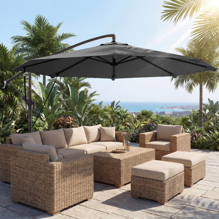 Parasol Excéntrico, Ø300 cm, Sombrilla de Jardín con Base Cruzada, Manivela, Funda Protectora y Cuerdas de Viento, UPF30+, para Terraza, Patio, Gris Oscuro