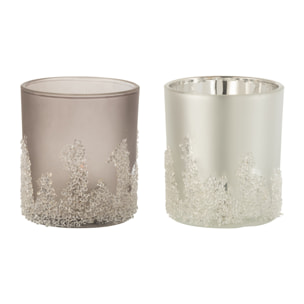 J-Line photophore Givré - verre - gris/argent - large - 2 pcs