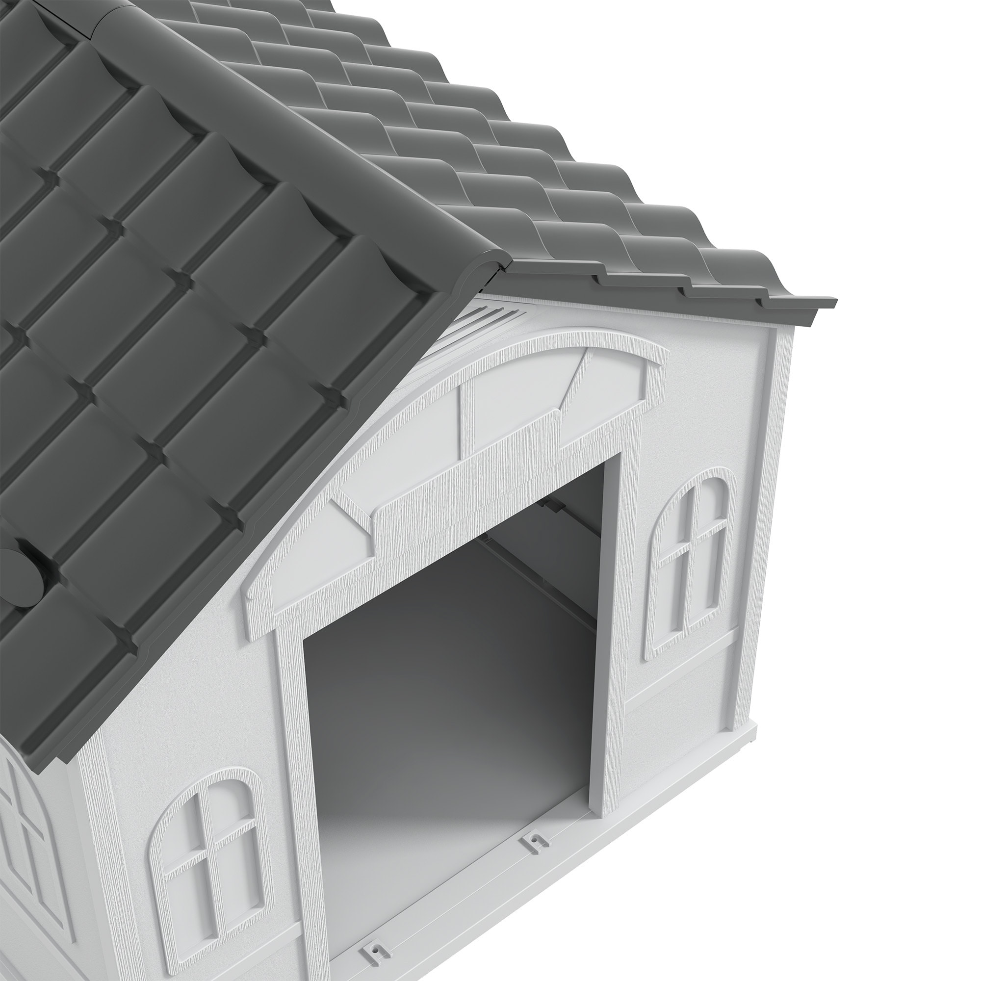 Niche chien style cottage - motifs fenêtres, porte, aération - PP blanc gris