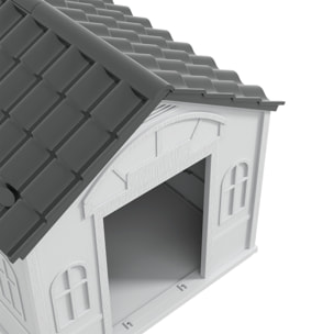 Niche chien style cottage - motifs fenêtres, porte, aération - PP blanc gris