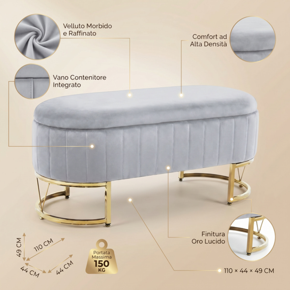 Panca Contenitore Ovale in Effetto Velluto con Ampio Vano Contenitore, Seduta Imbottita e Gambe in Acciaio, Design Elegante per Camera da Letto, Ingresso e Soggiorno