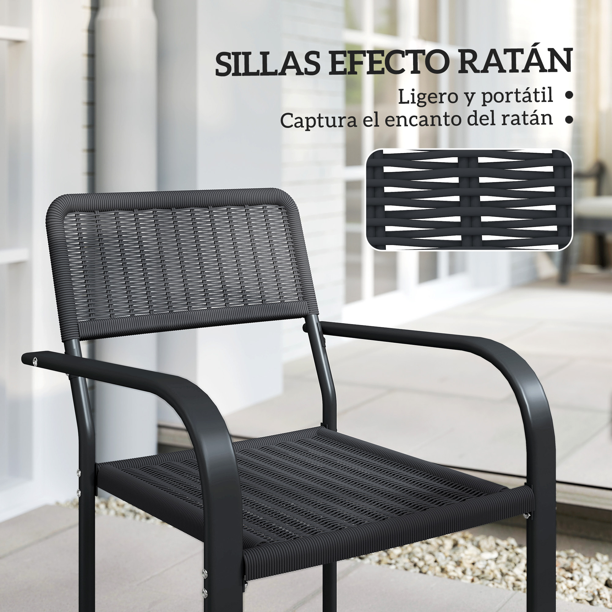 Juego de 4 Sillas de Jardín Exterior Apilables, Sillas de Comedor Exterior Efecto Ratán, con Reposabrazos, Marco de Acero, Resistente a la Intemperie y Ligero, 55x60x83 cm, Negro