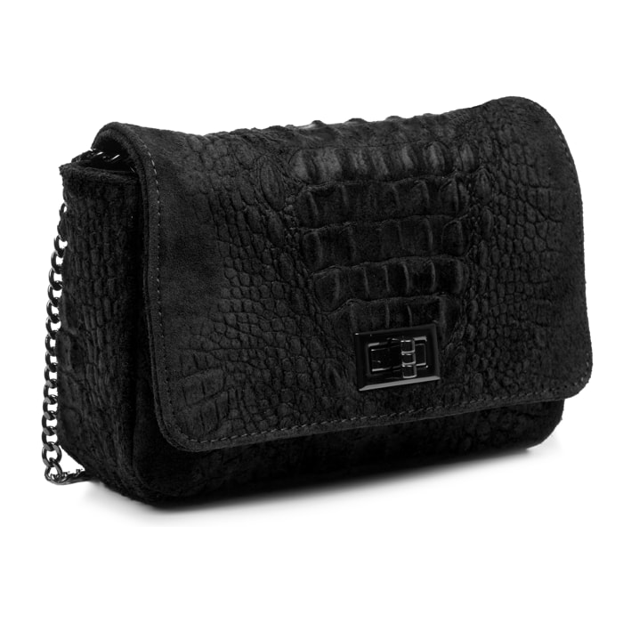 FIRENZE ARTEGIANI Monteriggioni Borsa a Spalla da Donna. Vera Pelle Scamosciata Incisione Coccodrillo Made in Italy 24x8x15 Cm. Colore nero
