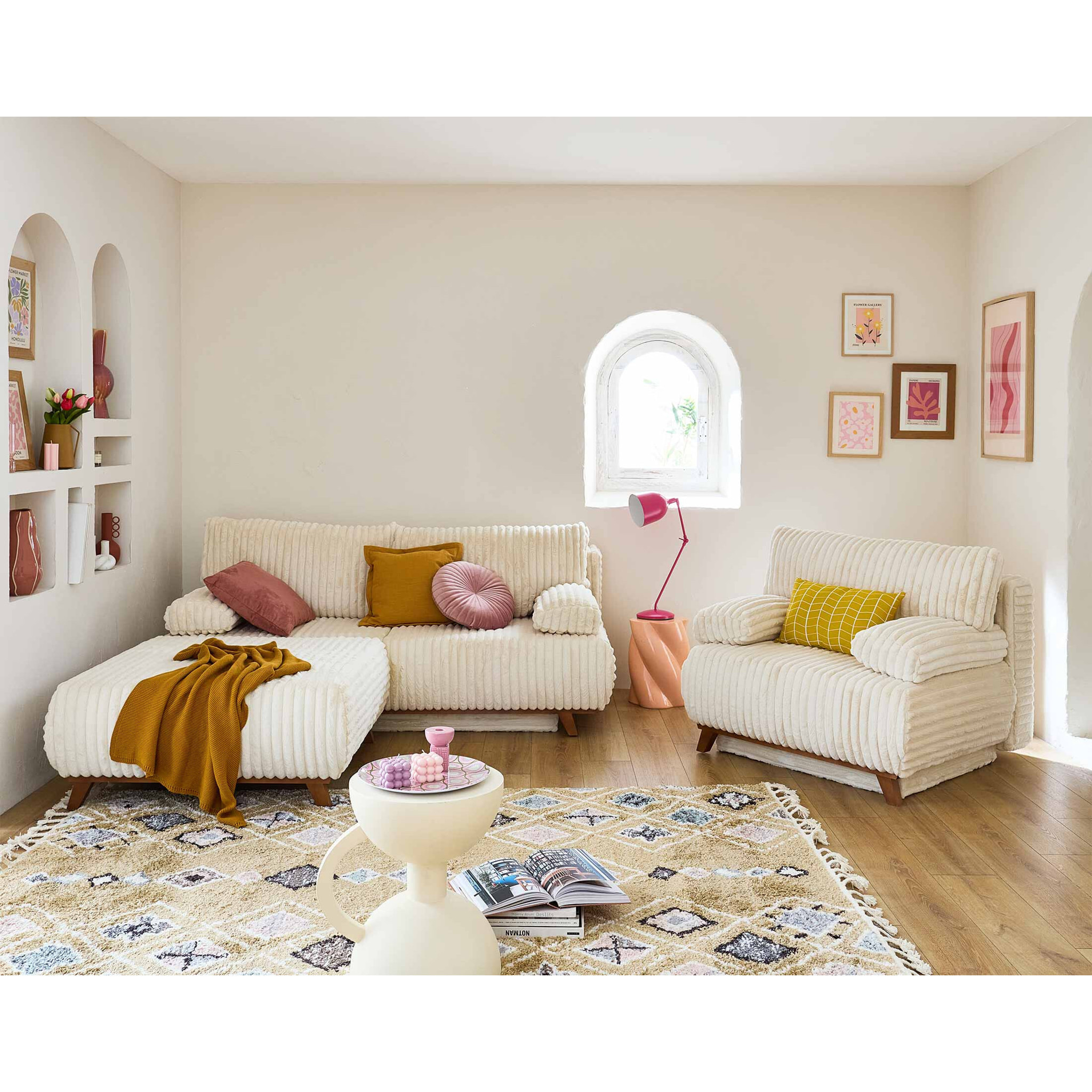 Cristal - pouf modulable - 95 cm - en fausse fourrure côtelée - Beige