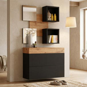 Mobile Ingresso Moderno Con 2 Specchi Vani A Giorno E Base Con Ante E Cassetto Design Elegante Salvaspazio 100 x 170 x 30 Cm Nero E Rovere