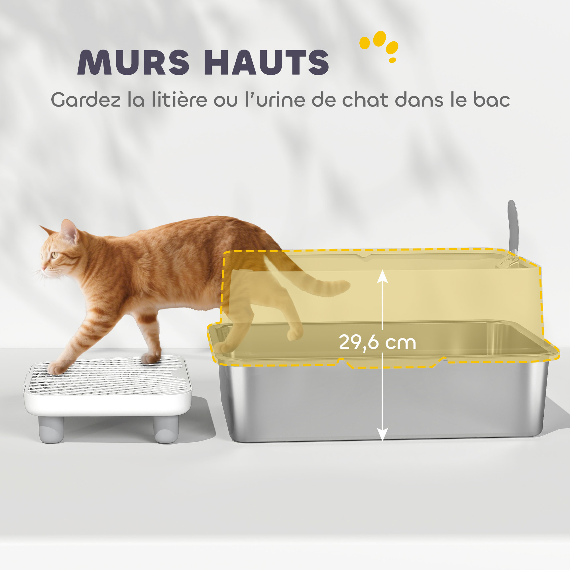 Bac à litière acier inox parois latérales hautes pédale tapis filtrants anti-dispersion pelle
