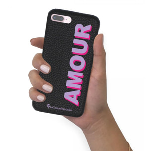 Coque iPhone 7 Plus/ 8 Plus effet cuir grainé noir Amour parme et fushia Design La Coque Francaise