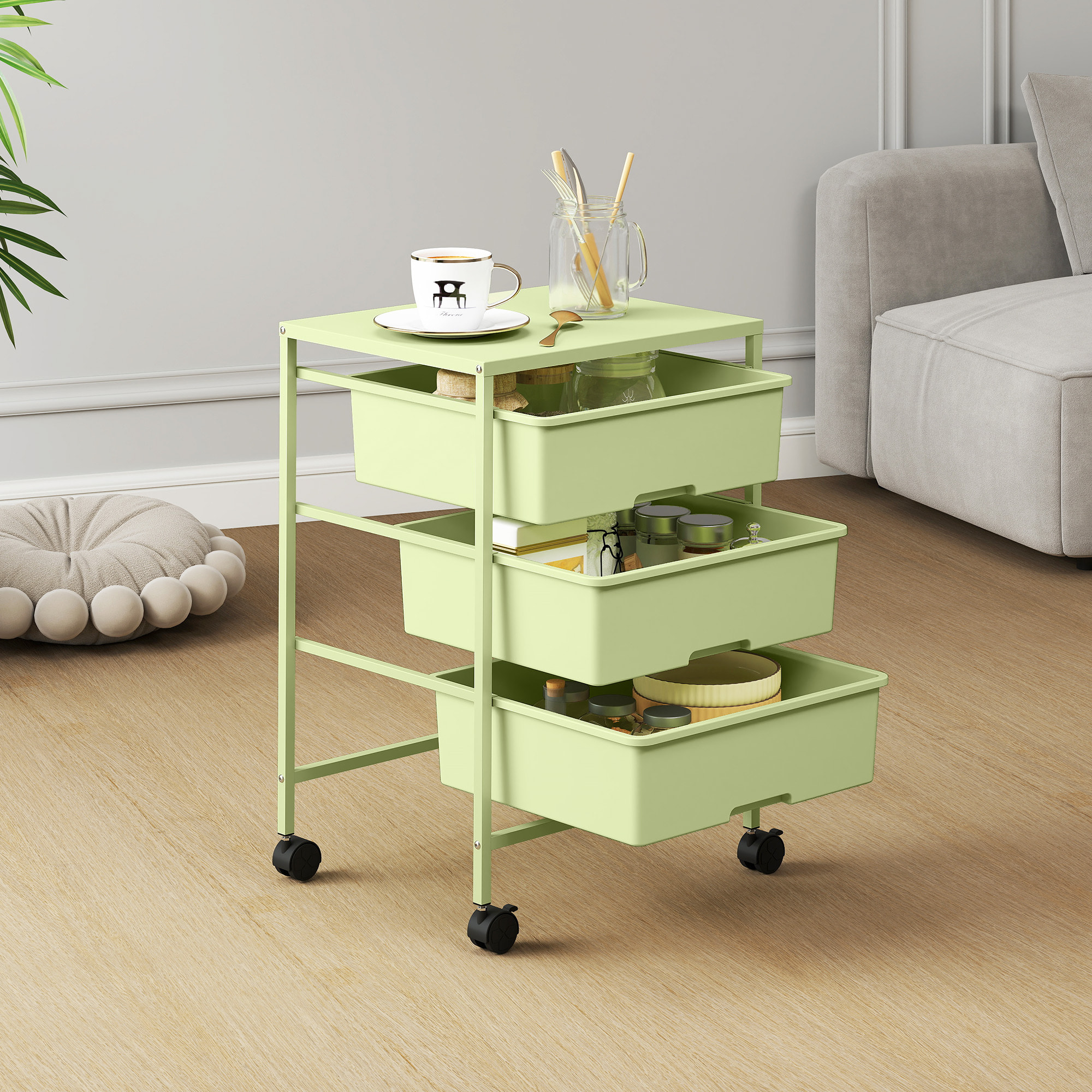 Carrito de Almacenamiento de 4 Niveles, Carrito de Cocina con Ruedas, 3 Cestas, Tablero y Marco de Acero, para Salón, Baño, Oficina, 40,8x33,5x60,5 cm, Verde