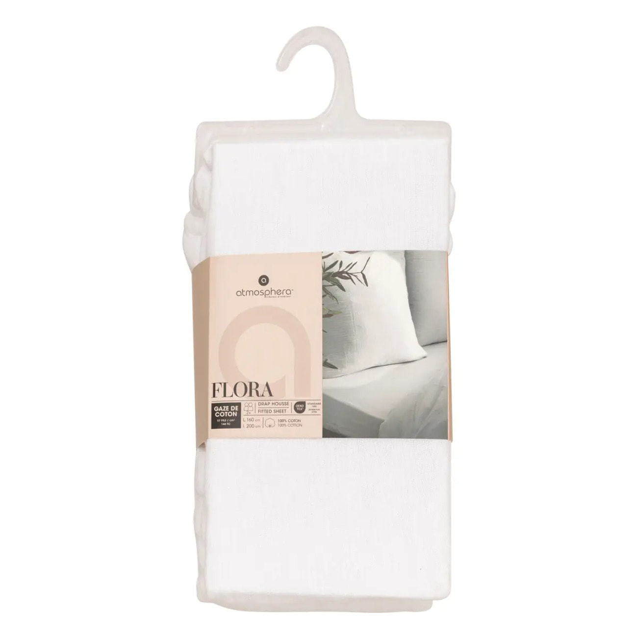 Drap housse "Flora" gaze de coton blanc 160x200cm