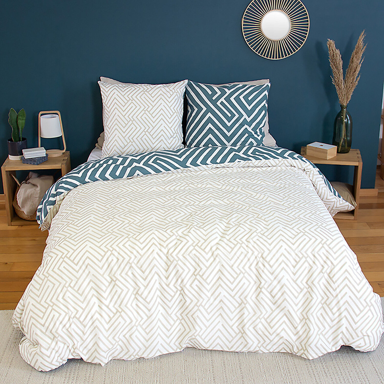 Parure de lit 100% coton motif parchemin - bleu