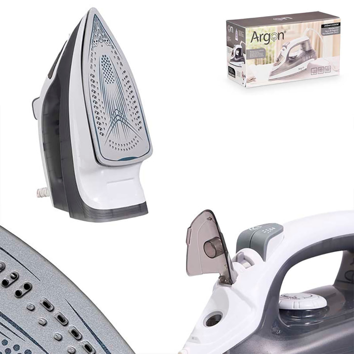 Plancha gris con suela cerámica, 2200W de potencia y 200ml de capacidad.