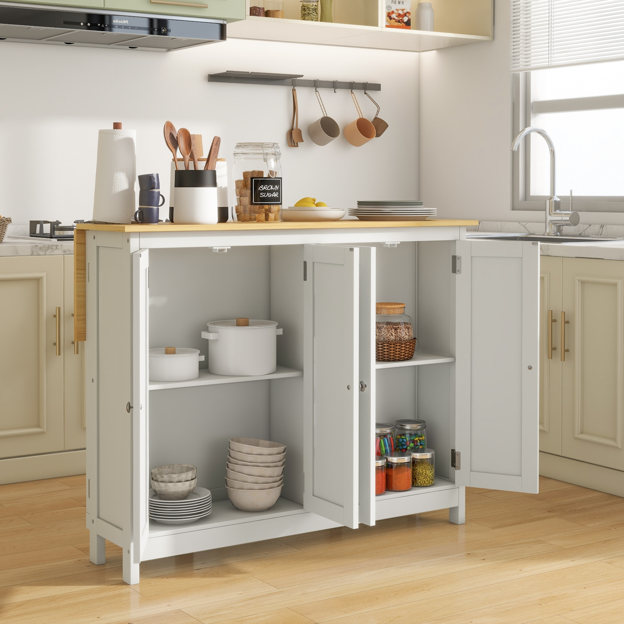 Ensemble îlot central de cuisine avec 2 tabourets de bar - 4 portes, 2 étagères - plateau, pans rabattable - MDF blanc chêne clair verni