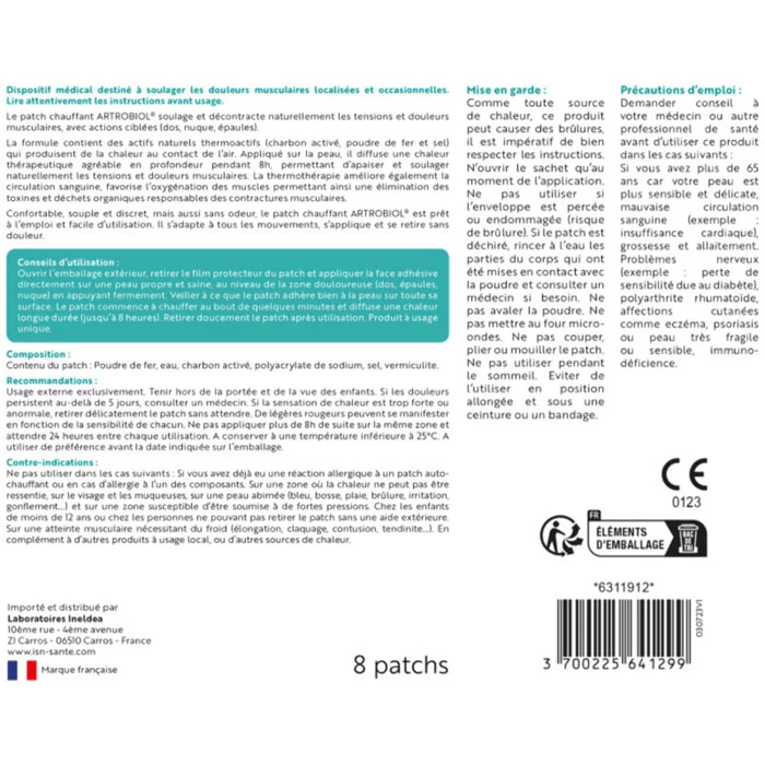 INELDEA SANTE NATURELLE - Artrobiol Patchs Chauffants - Aide à soulager les douleurs et tensions musculaires - A base d'agents naturels thermoactifs - Action chauffante 8h - Etui 8 patchs