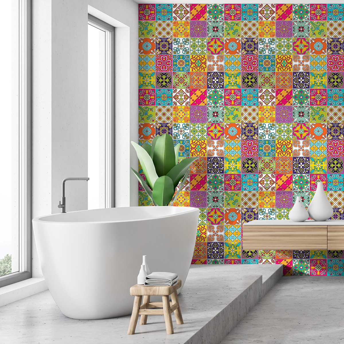 Stickers muraux - Sticker Mural Carrelage adhésif Cuisine Salle de Bain - 60 STICKERS CARREAUX DE CIMENT AZULEJOS NICOLO