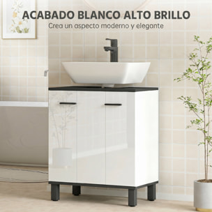Mueble Bajo Lavabo, Mueble de Baño Compacto con Estante Ajustable, 2 Puertas, Estilo Moderno, para Lavabo con o sin Pedestal, 60x34x70 cm, Blanco Brillo