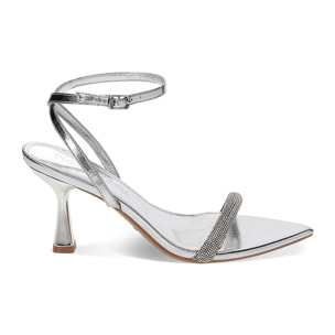 Sandali argento in laminato con pietre, tacco 8 cm