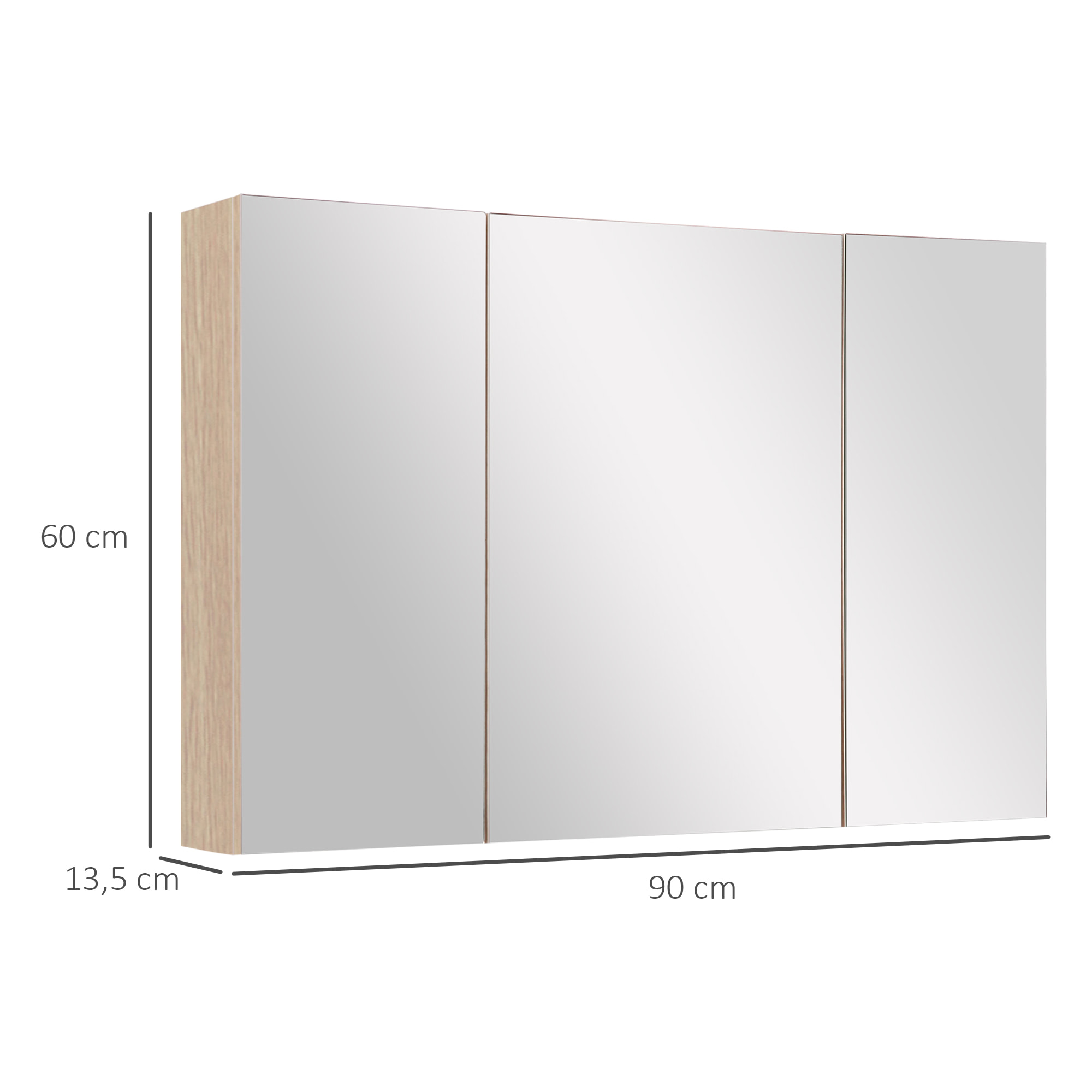 Armario de Baño con Espejo Mueble Espejo para Baño con 3 Puertas y Estantes Ajustables para Aseo Dormitorio Estilo Moderno 90x60x13,5 cm Roble