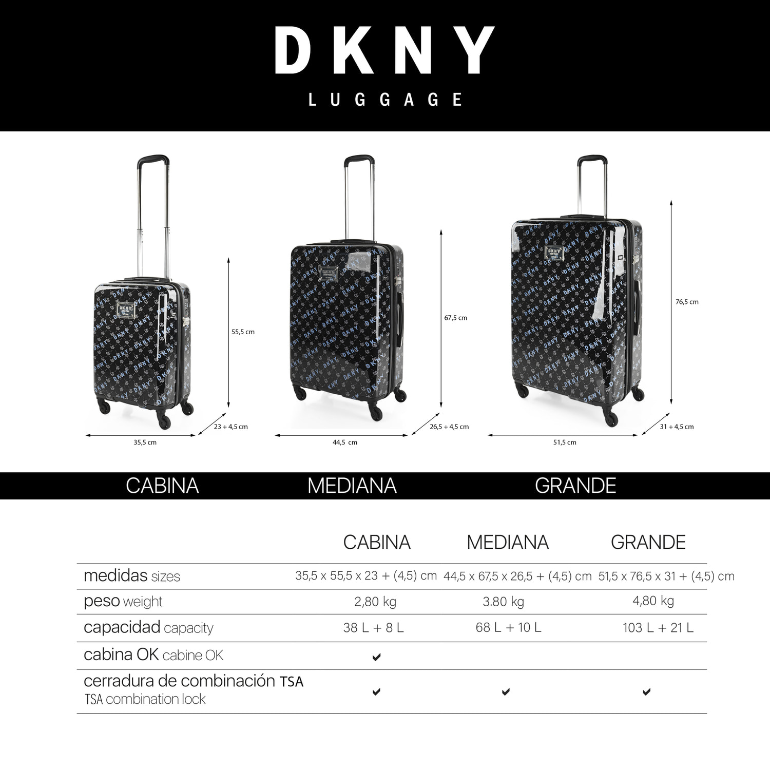 Juego De Maletas Pc Dkny Dkny-905 On Repeat Blk/Lt Charcoal-Ashly Blu