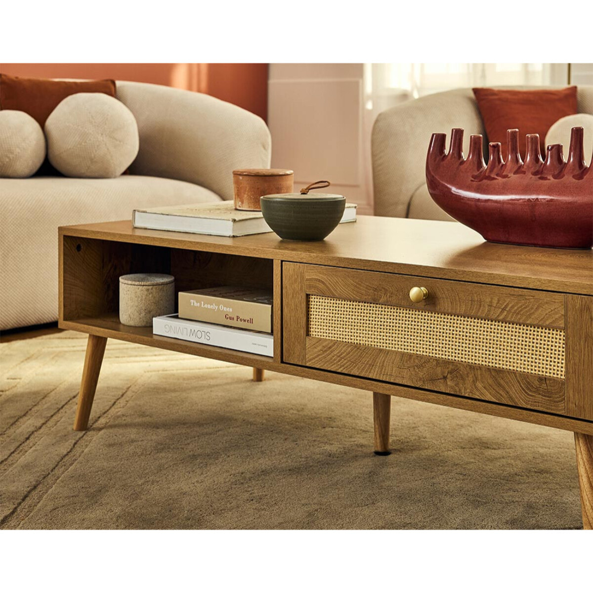 Goto - table basse - effet bois et cannage - 1 tiroir et 1 niche - 110 cm - Bois