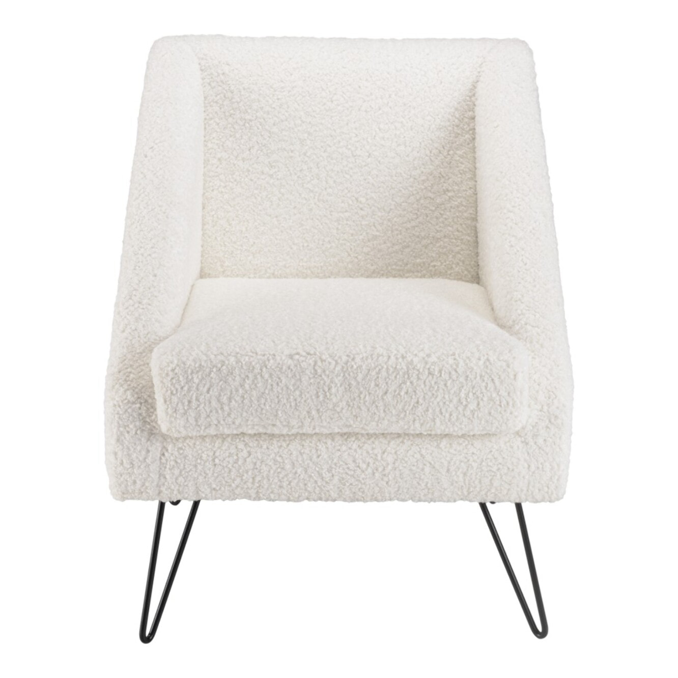 AGATHE - Fauteuil tissu bouclette blanc pieds épingles métal noir