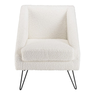 AGATHE - Fauteuil tissu bouclette blanc pieds épingles métal noir