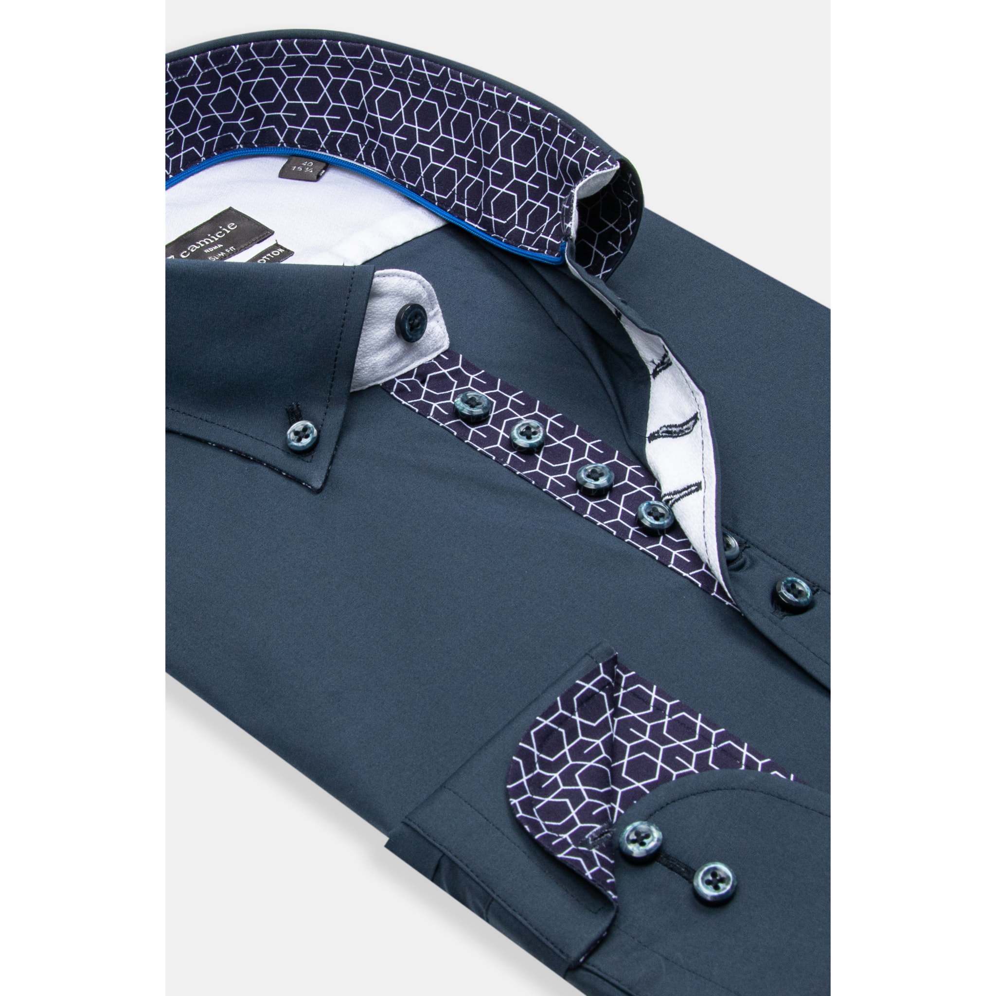 Camicia Uomo 1 Bottoni Button Down Slim Popeline Stretch Unito Blu