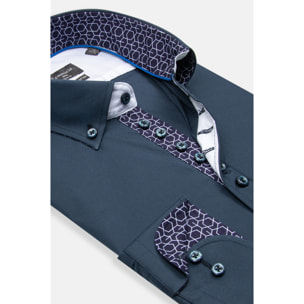 Camicia Uomo 1 Bottoni Button Down Slim Popeline Stretch Unito Blu