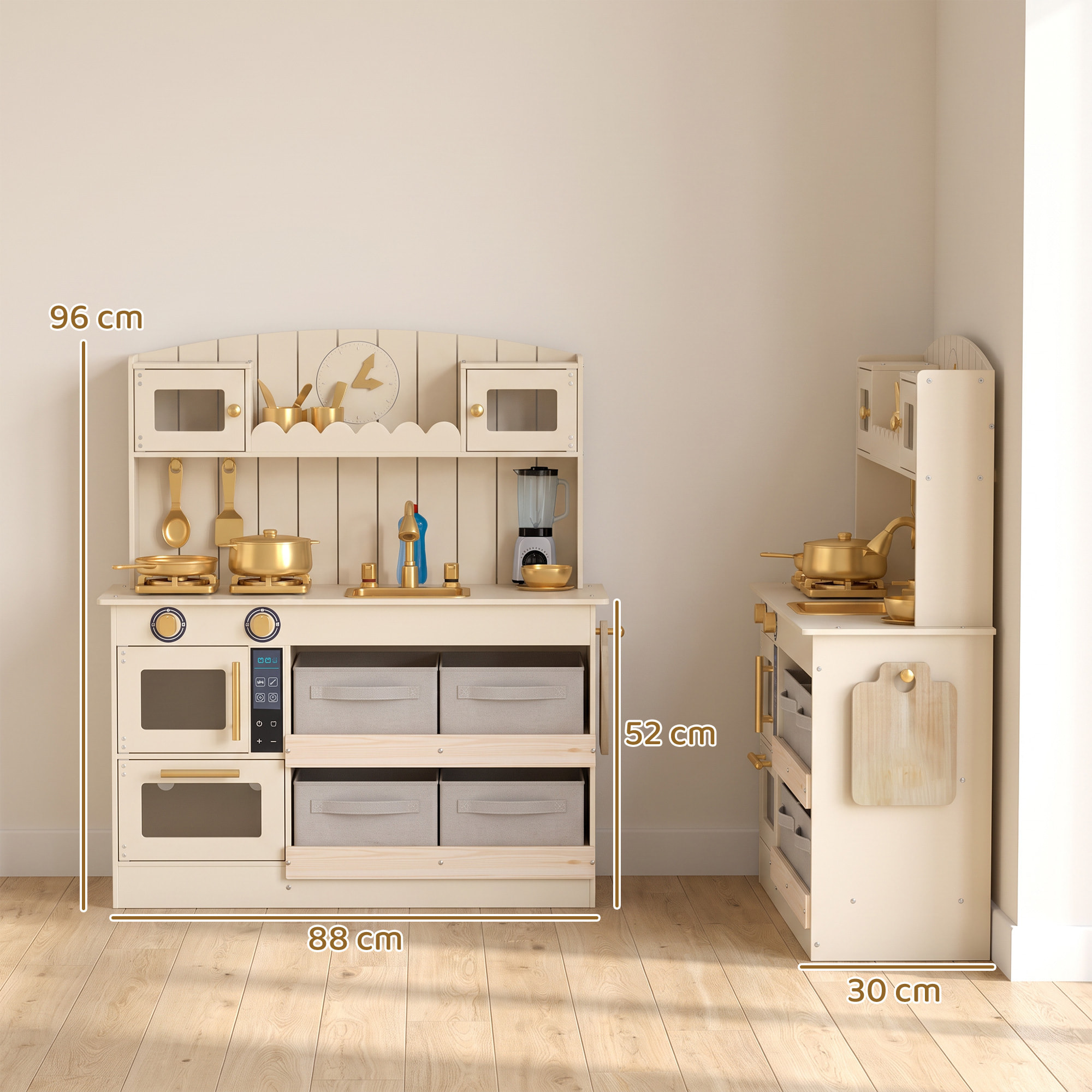 AIYAPLAY Cocina de Juguete de Madera con Luces y Sonidos, Cocinita Infantil con 4 Cestas de Tela, 12 Accesorios, 2 Fogones, Microondas, Fregadero, Grifo, 3-6 Años, Crema