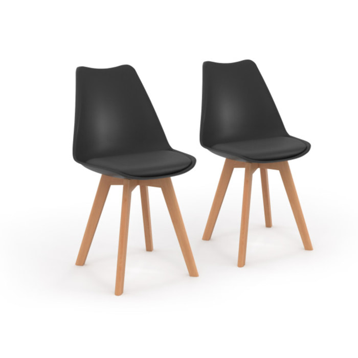 Chaises Nordia noire pieds bois - lot de 2