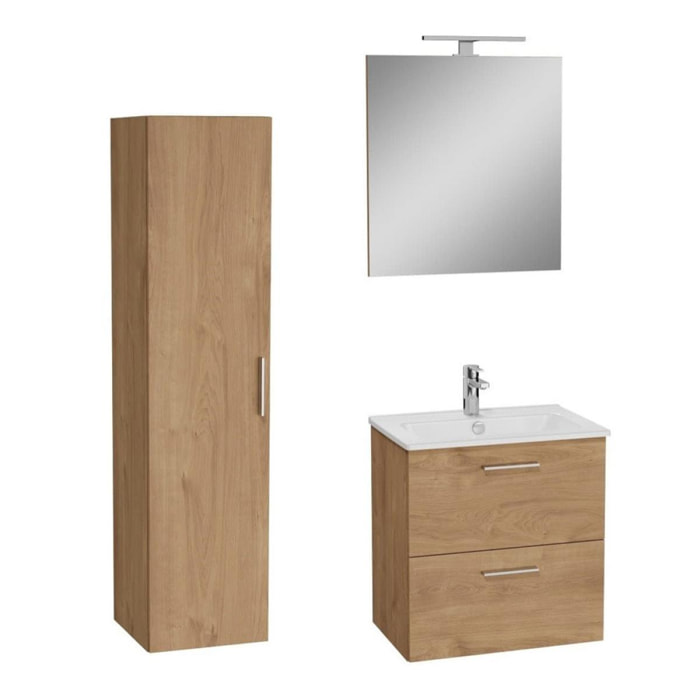 Set Mia ensemble meuble 59x61x39,5 cm avec miroir, lavabo et éclairage LED + armoire 145x35x35 cm, Chêne