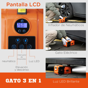 Kit de Gato Eléctrico para Coche 12V Kit de Gato de Piso 5 Toneladas de 15,5-45 cm con Reparación de Neumáticos Luz LED e Inflador para Automóvil SUV Sedán 36x33x16 cm Naranja