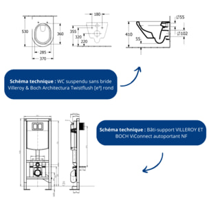 Pack WC suspendu sans bride Villeroy & Boch Architectura Twistflush [e³] rond + bâti-support ViConnect + plaque noir